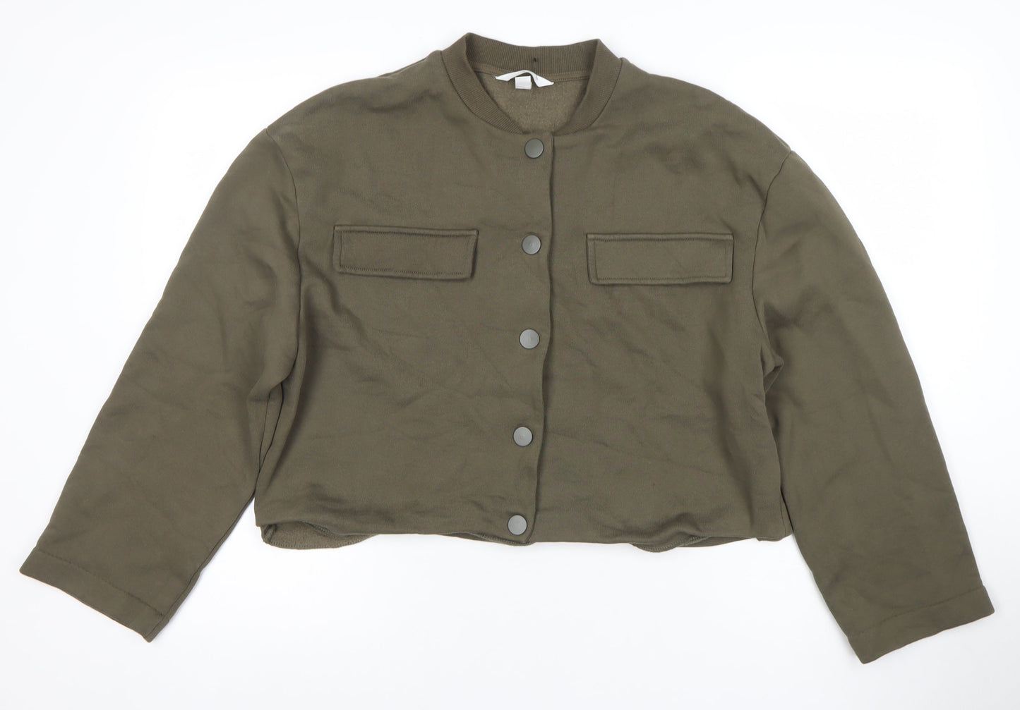 H&M Women Khaki Green Button Cardigan Sweatshirt M Cotton Blend