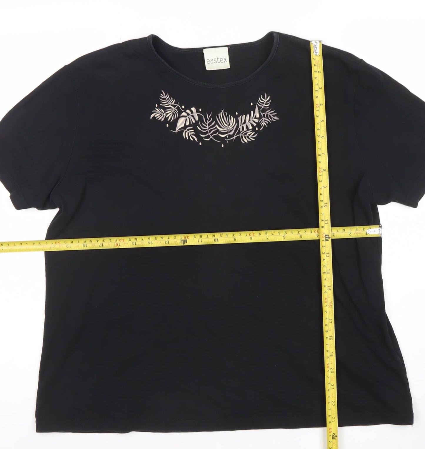 Eastex Women’s Black Floral Embroidered Cotton T-Shirt Size L