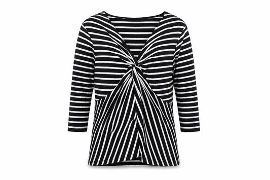 Front view of Country Casuals Petite Black & White Striped Viscose Top V-Neck Twist Front M