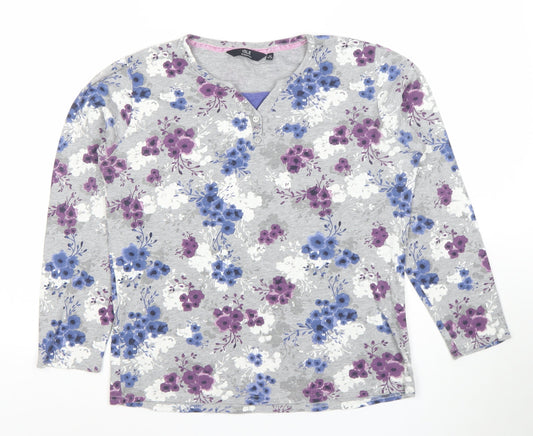 ISLE ESSENTIALS Women's Grey Floral Henley T-Shirt Long Sleeve M