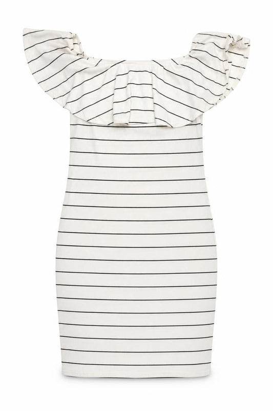 Front view of Missguided Women's White Striped Off Shoulder Bodycon Dress, size 12