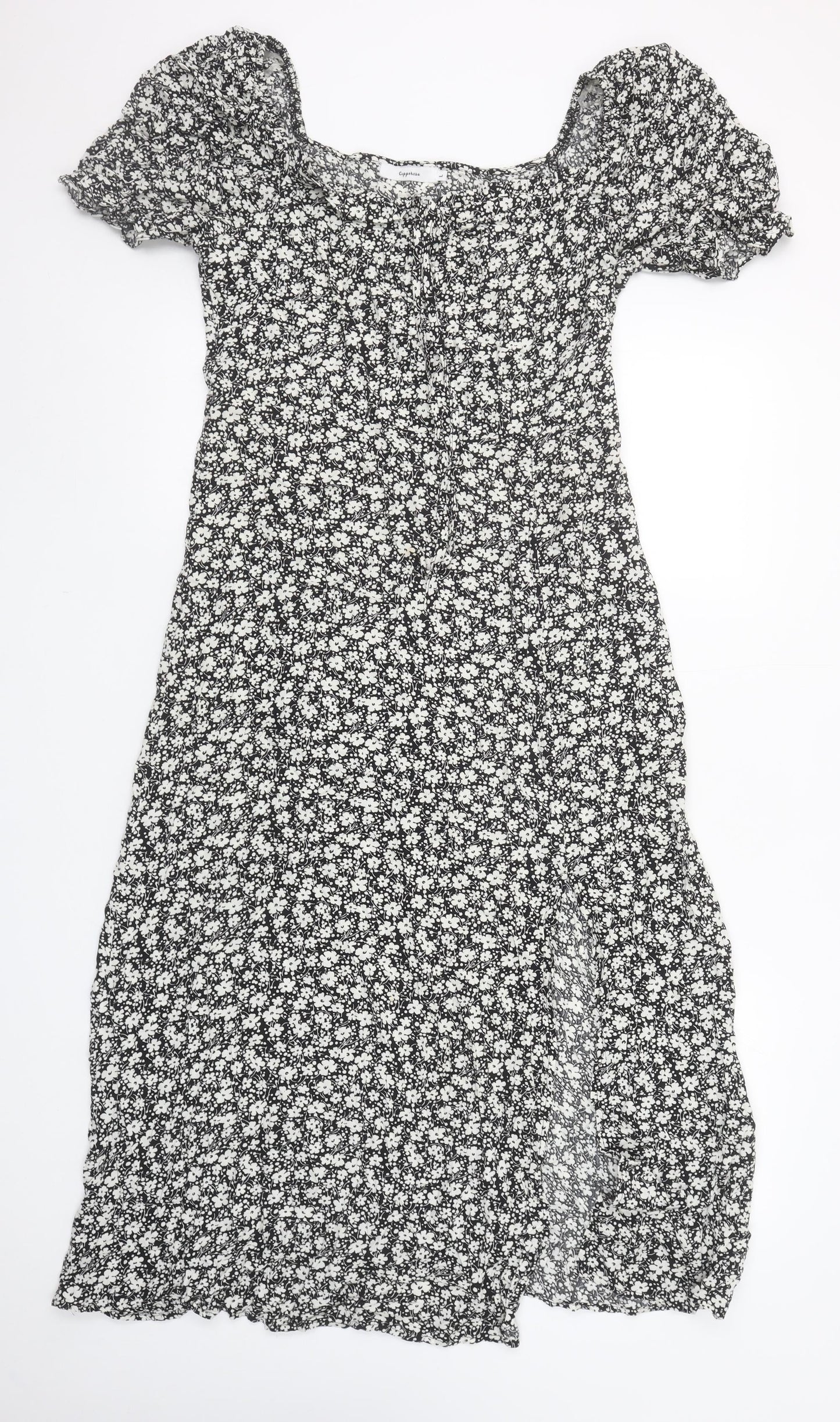Copperrose Women’s Black Floral Midi A-Line Puff Sleeve Dress L