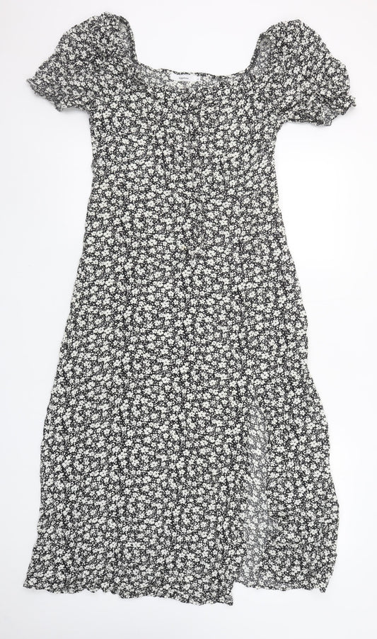 Copperrose Women’s Black Floral Midi A-Line Puff Sleeve Dress L