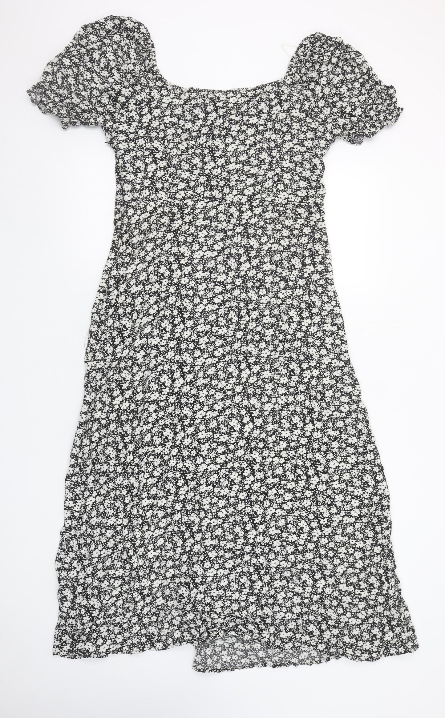Copperrose Women’s Black Floral Midi A-Line Puff Sleeve Dress L