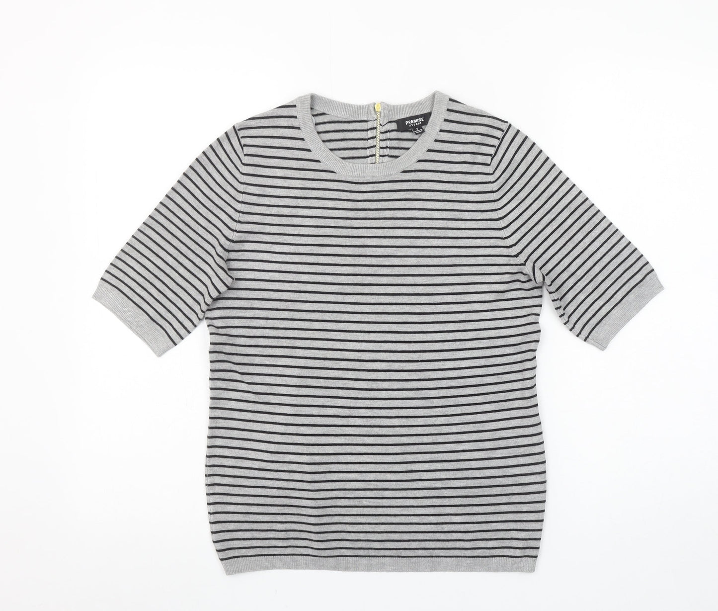 Premise Studio Women’s Grey Striped Short Sleeve Knit Pullover Jumper Size S