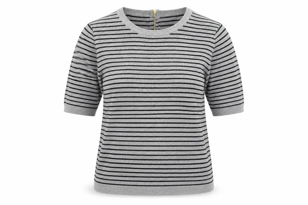 Premise Studio Women’s Grey Striped Short Sleeve Knit Pullover Jumper Size S