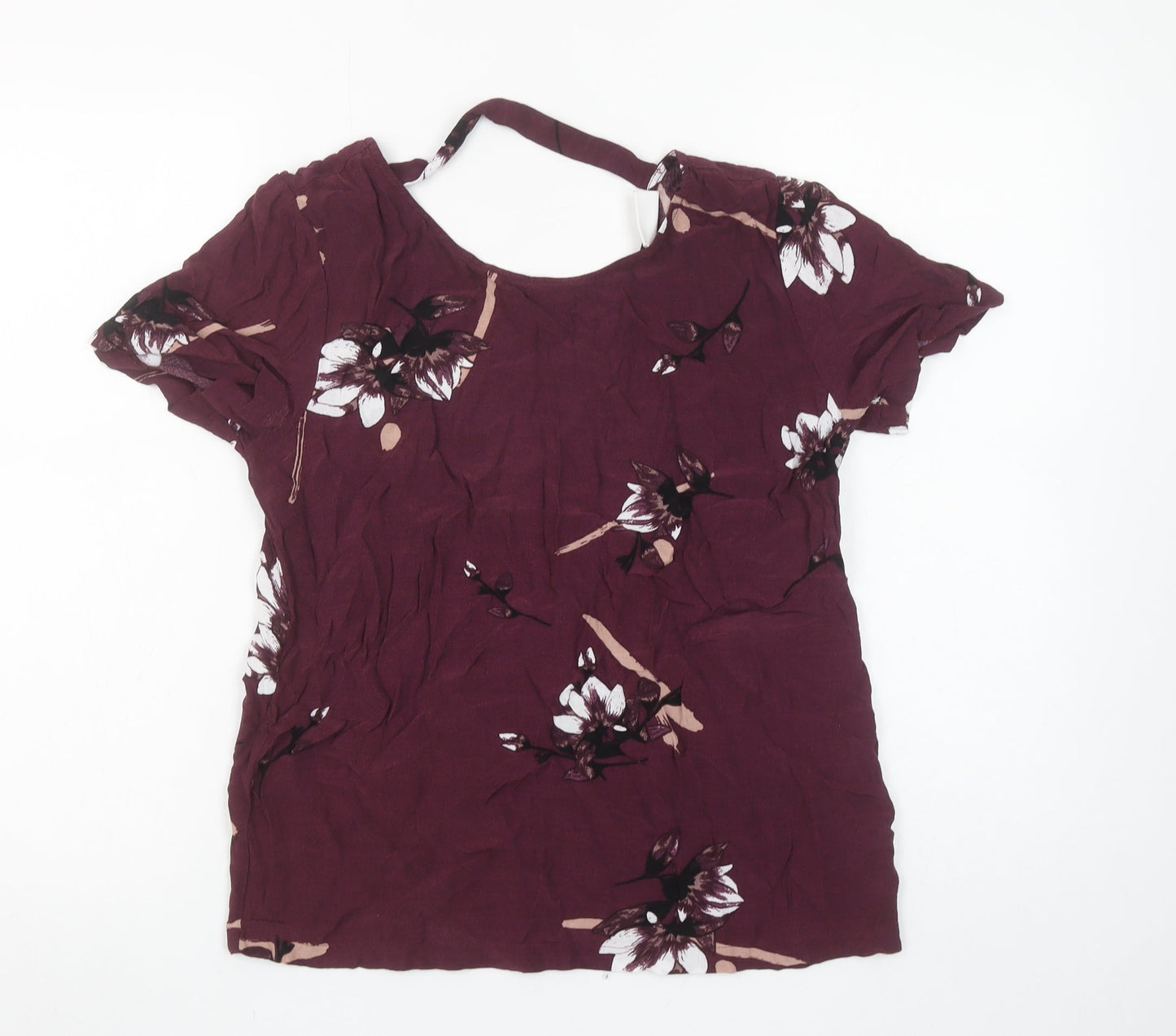 Vila Womens Purple Floral V-Neck Short Sleeve Viscose Blouse Size M