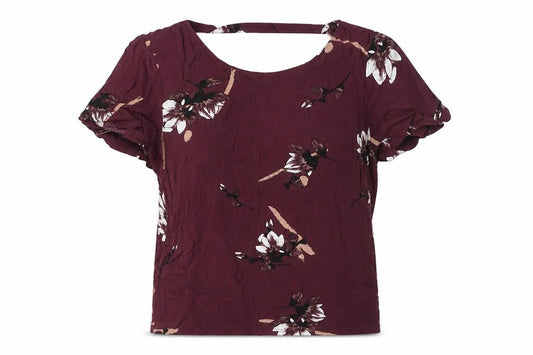 VILA Womens Purple Floral V-Neck Short Sleeve Viscose Blouse Size M