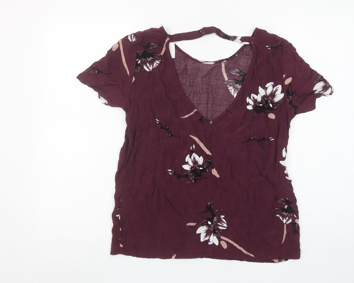 Vila Womens Purple Floral V-Neck Short Sleeve Viscose Blouse Size M