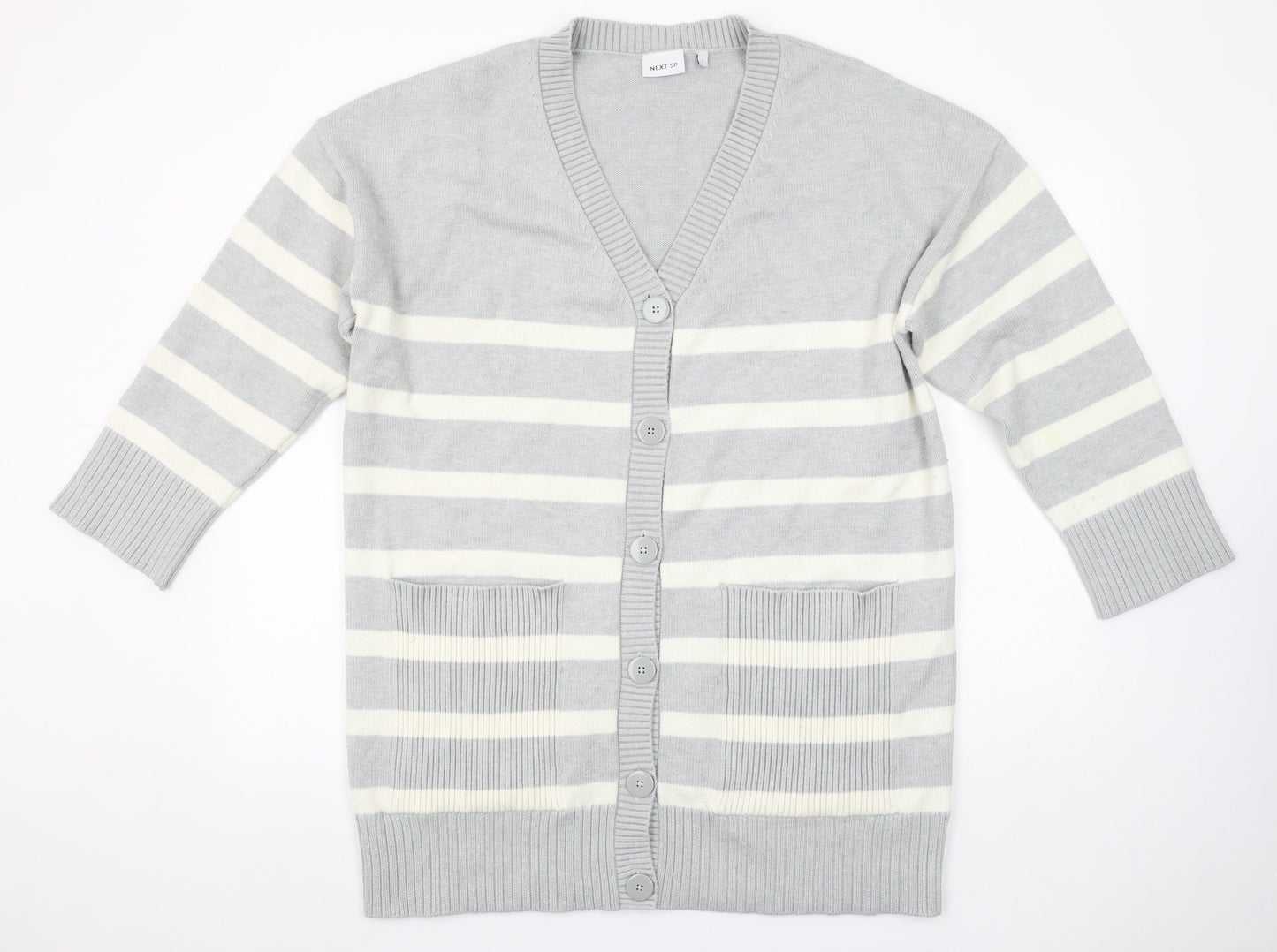 Next Women’s Grey Striped V-Neck Long Sleeve Knit Cardigan Size L