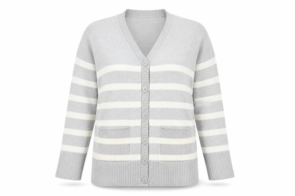 Next Women’s Grey Striped V-Neck Long Sleeve Knit Cardigan Size L