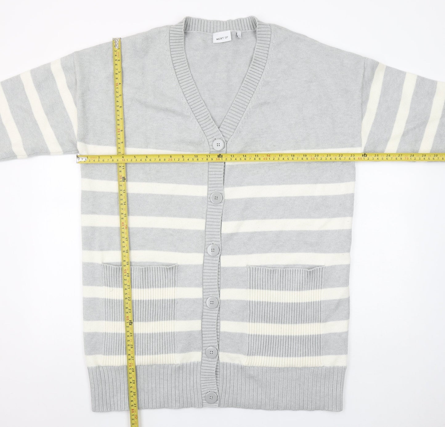 Next Women’s Grey Striped V-Neck Long Sleeve Knit Cardigan Size L