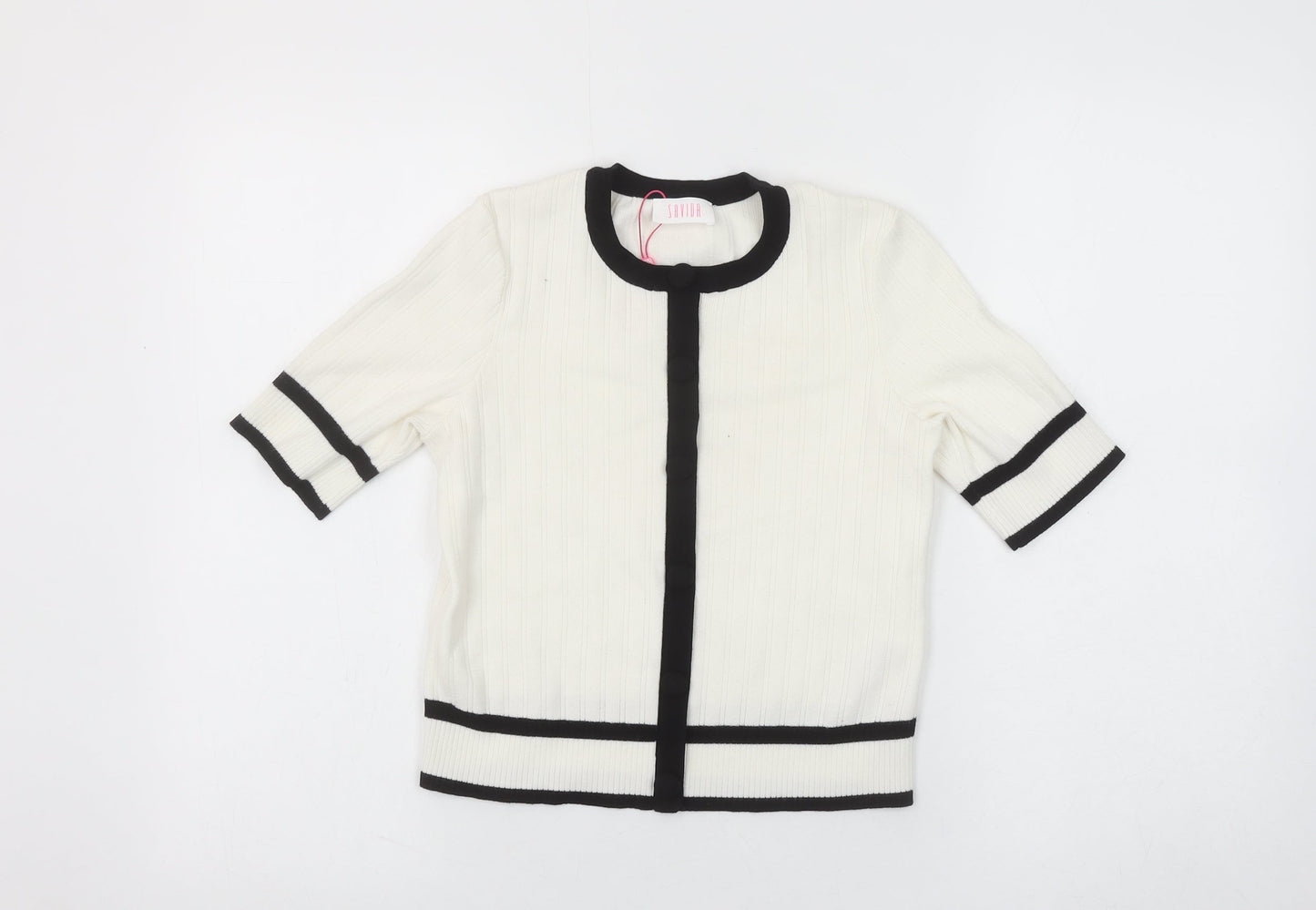 Savida Women’s White Black Trim Short Sleeve Knit Blouse Size S