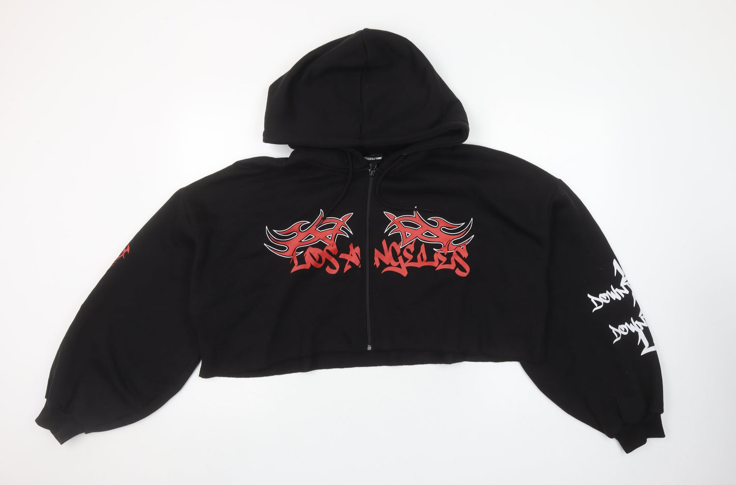 PrettyLittleThing Women Black L Full Zip Cropped Hoodie Los Angeles Graphic