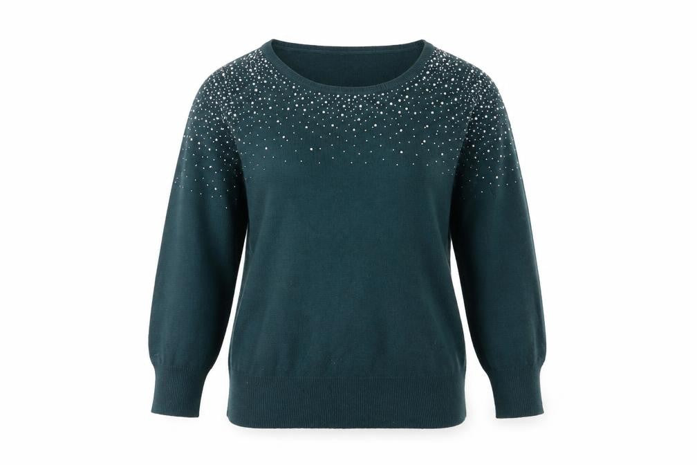 Oasis Women’s Green Rhinestone Knit Pullover Jumper Size L