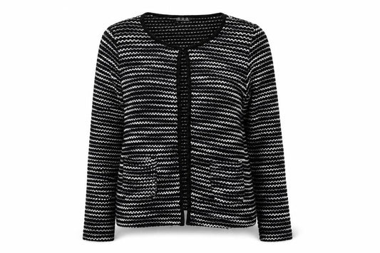 Front view of Atmosphere women’s black striped open knit cardigan, size M