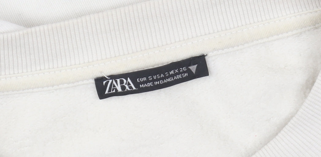 Zara Women Beige Crew Neck Pullover Sweatshirt Small Cotton Blend