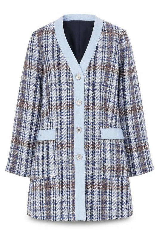 Zara Women Blue Check Tweed Coatigan XS Classic Mid-Length