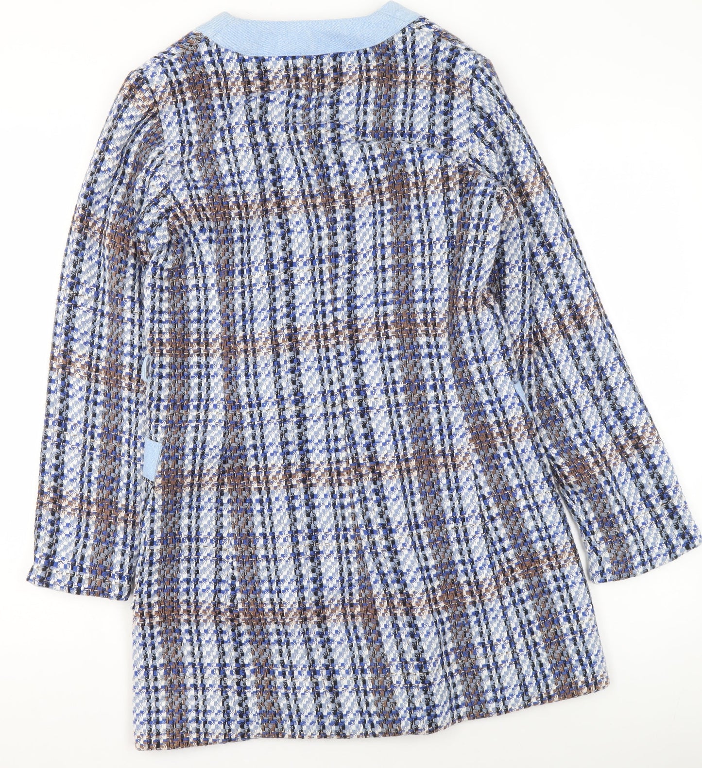 Zara Women Blue Check Tweed Coatigan XS Classic Mid-Length