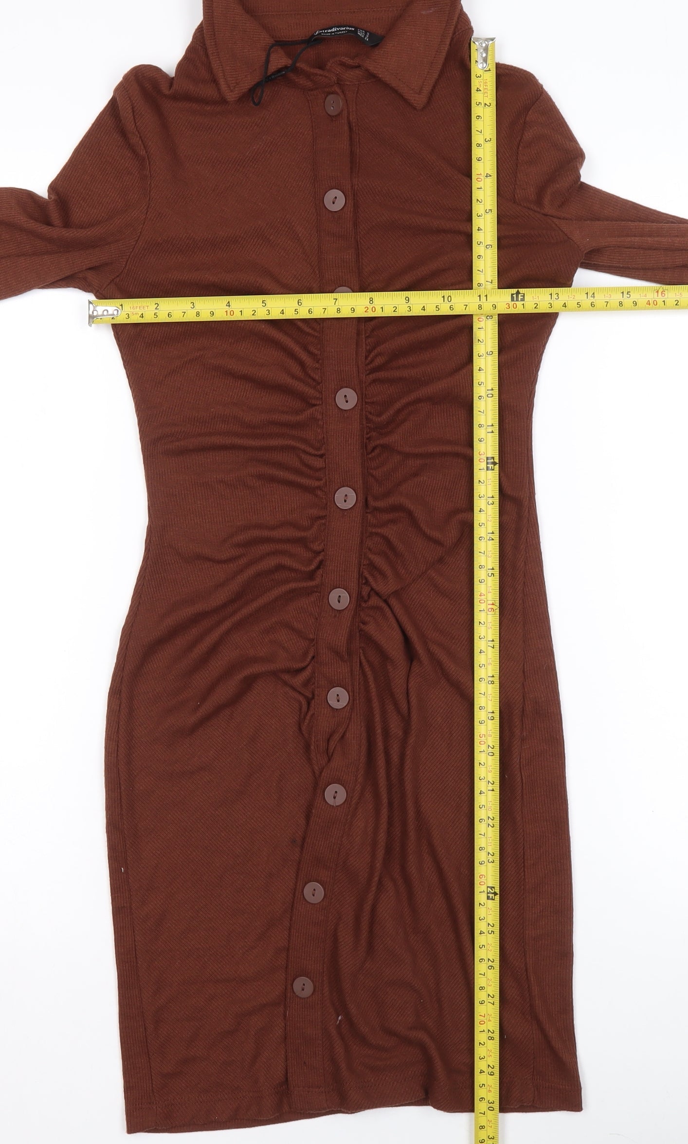 Stradivarius Women Brown Collared Shirt Dress Size 8 Button Front Knit