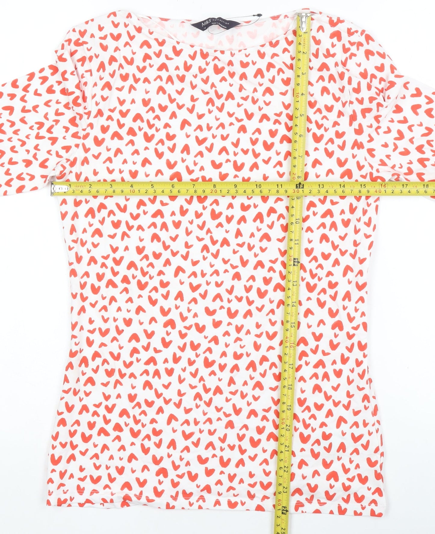 Marks and Spencer Women’s White Heart Print 3/4 Sleeve Cotton T-Shirt Size 10