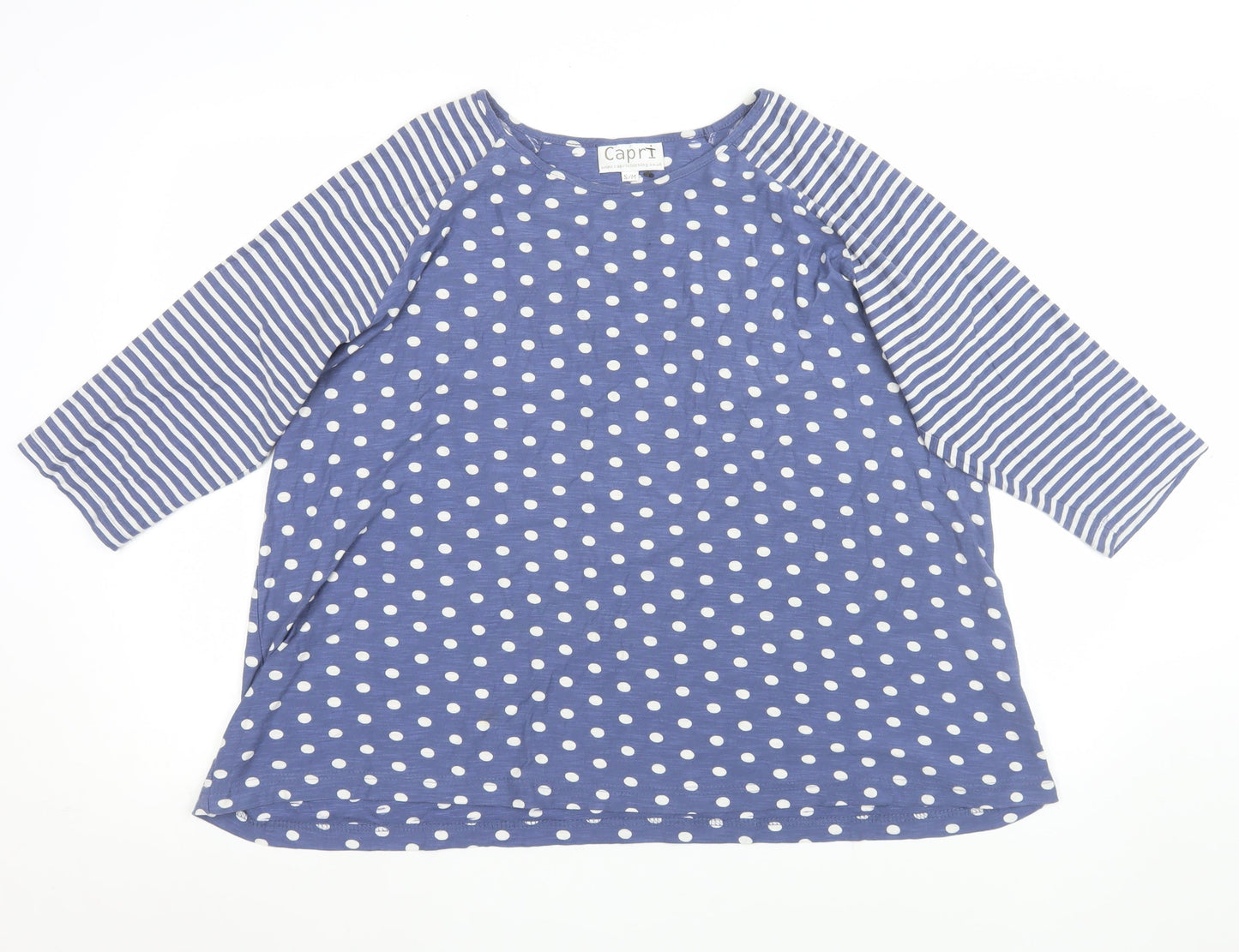 Capri Women Blue Polka Dot 3/4 Sleeve Cotton T-Shirt S