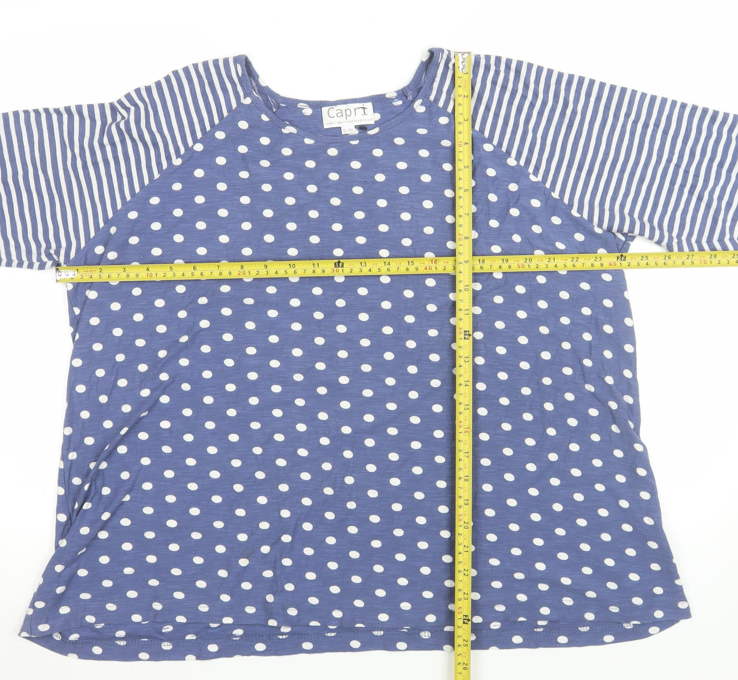 Capri Women Blue Polka Dot 3/4 Sleeve Cotton T-Shirt S