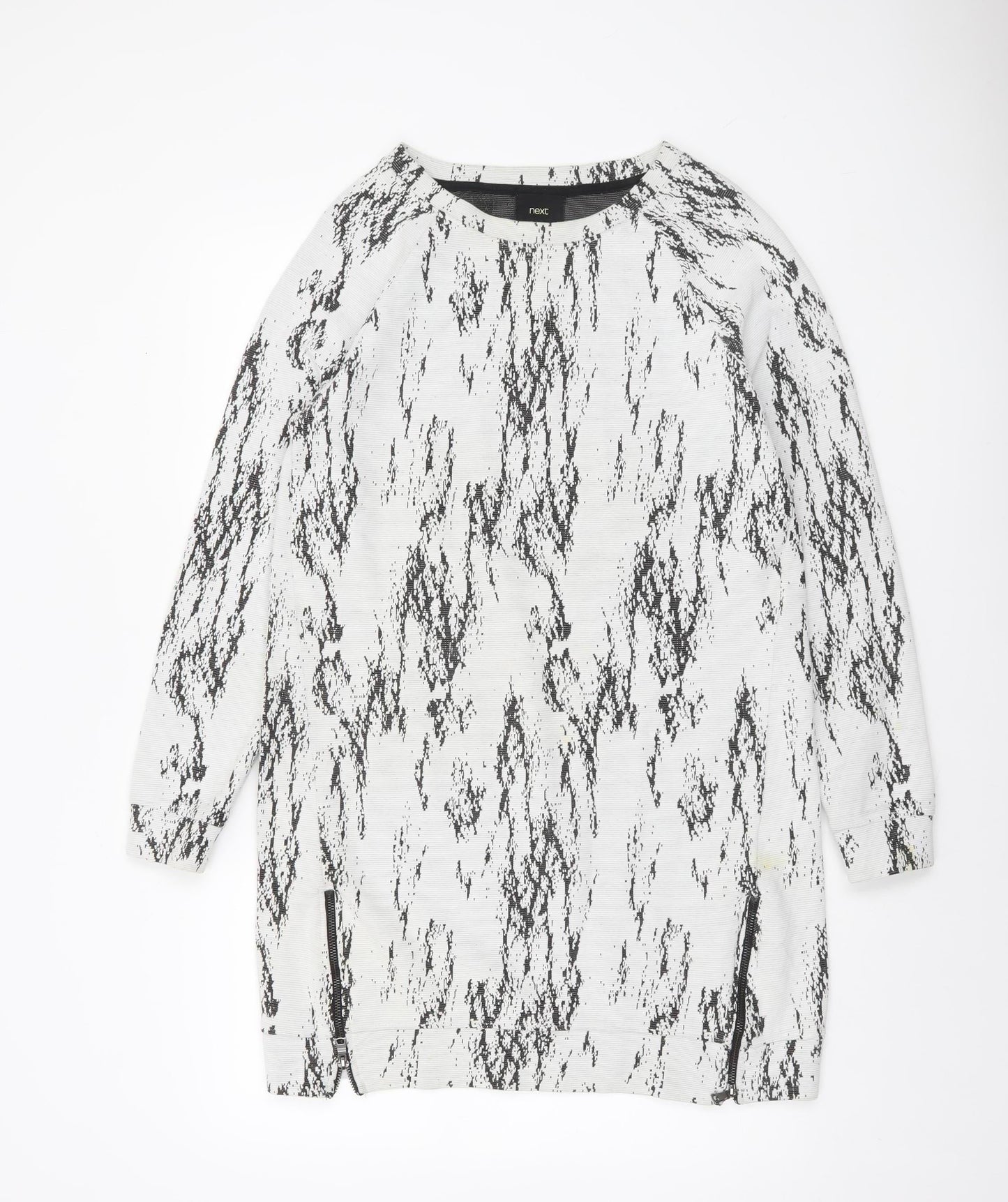 Next Women Grey Abstract Knit Shift Dress Size 14 Long Sleeve Zip Detail