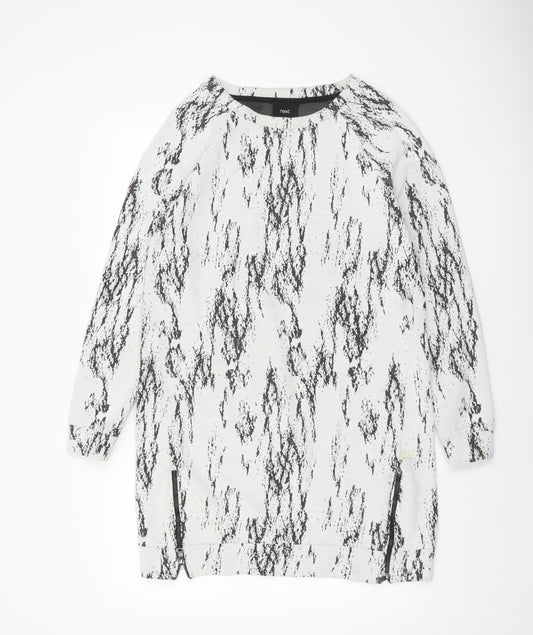 Next Women Grey Abstract Knit Shift Dress Size 14 Long Sleeve Zip Detail