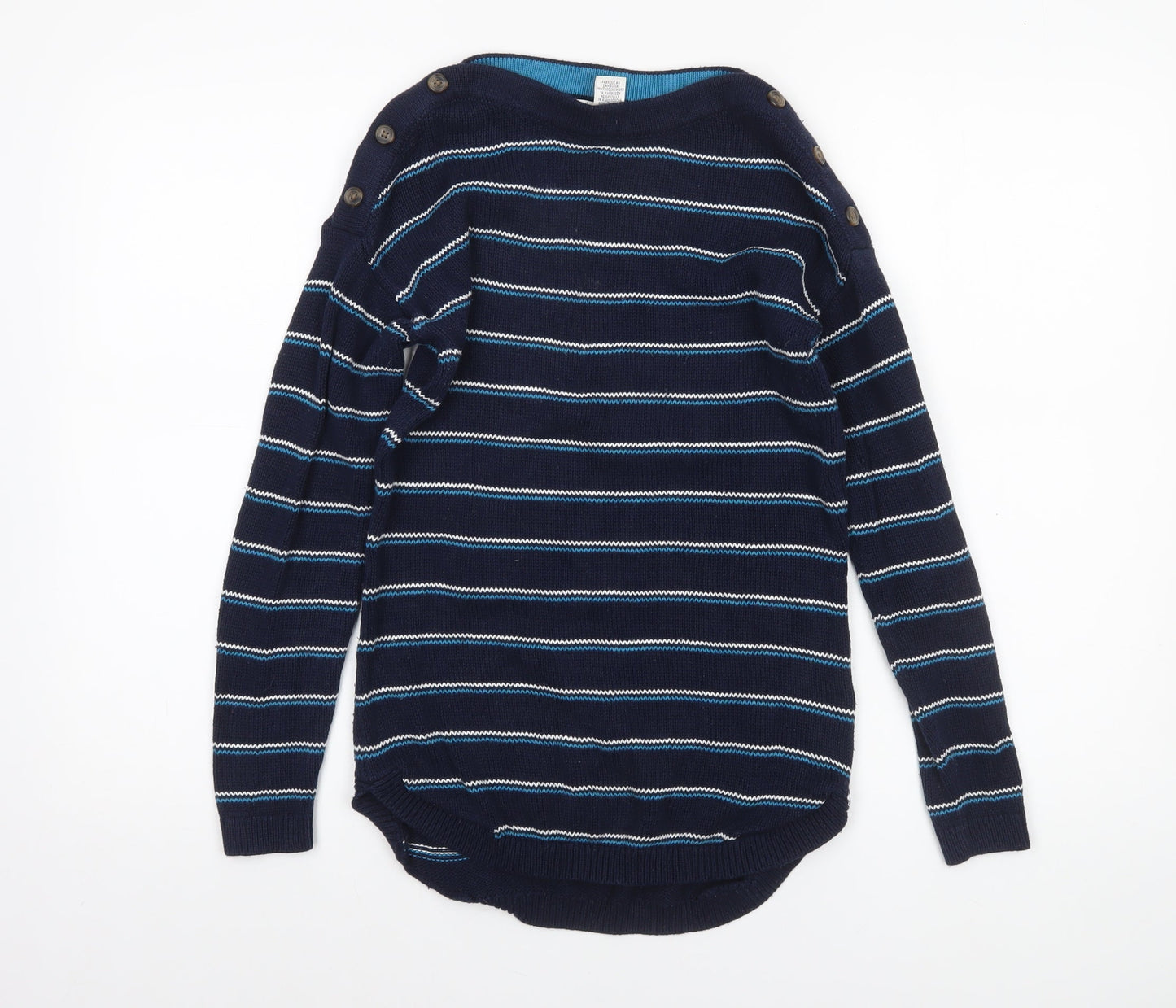 Max Studio Women's Blue Striped Cotton Boat Neck Button Jumper XS