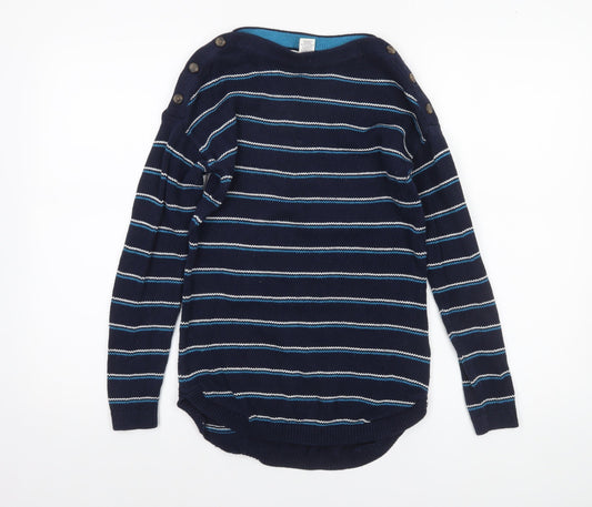 Max Studio Women's Blue Striped Cotton Boat Neck Button Jumper XS