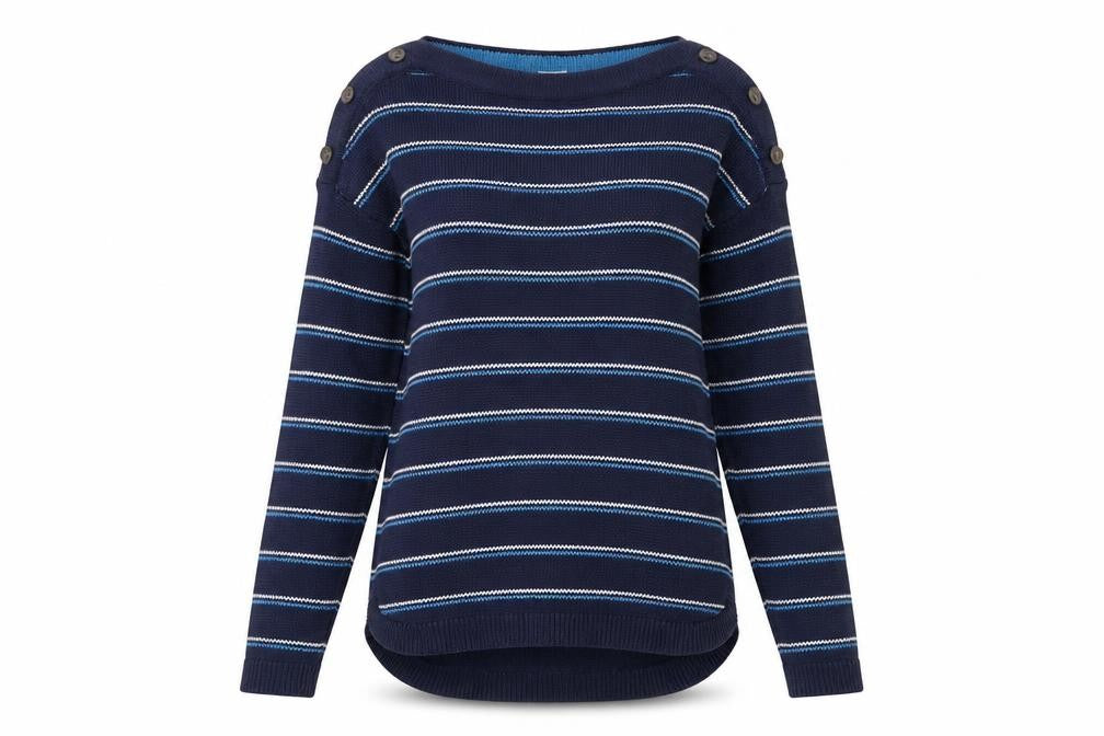Max Studio Women's Blue Striped Cotton Boat Neck Button Jumper XS