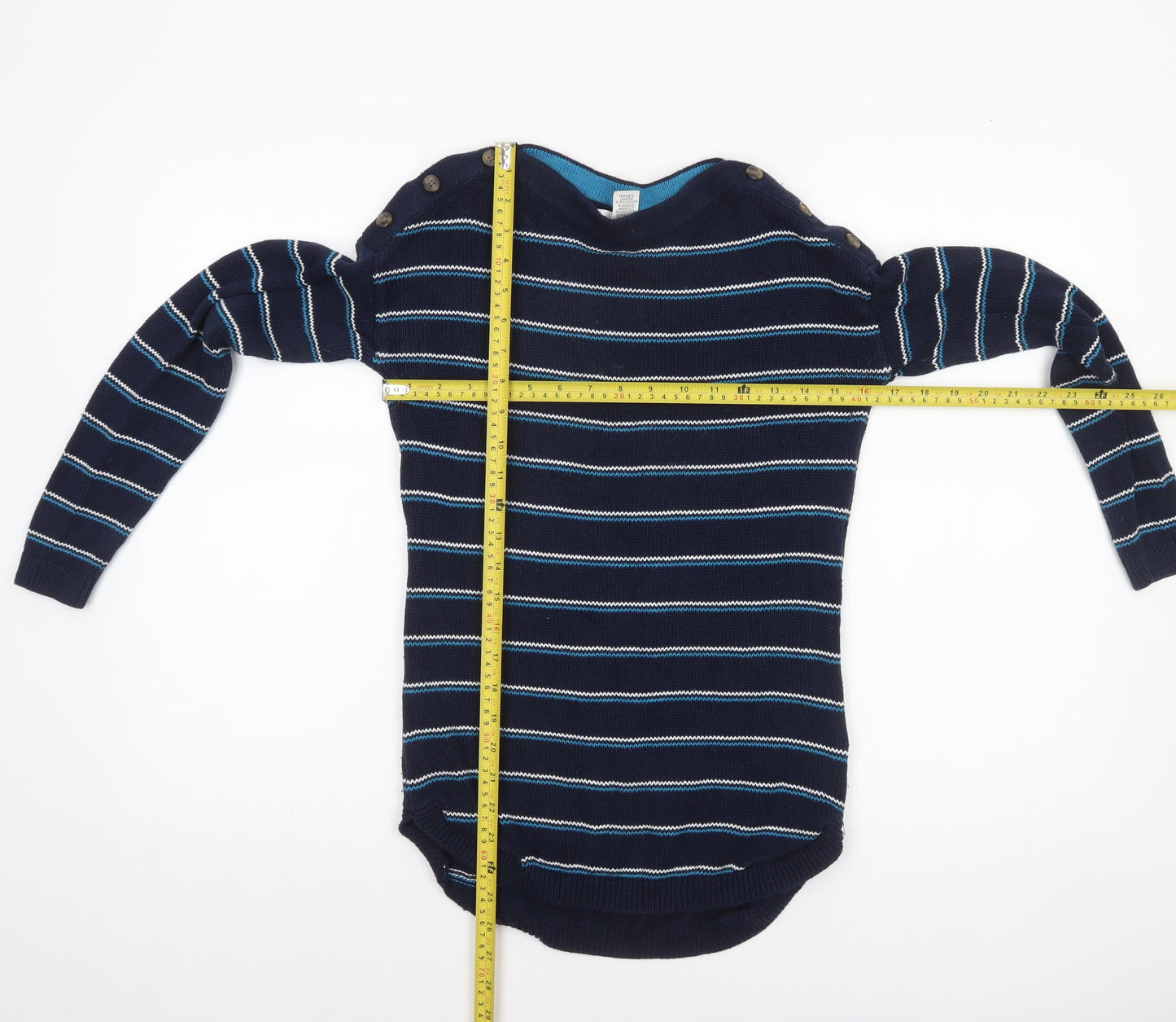 Max Studio Women's Blue Striped Cotton Boat Neck Button Jumper XS