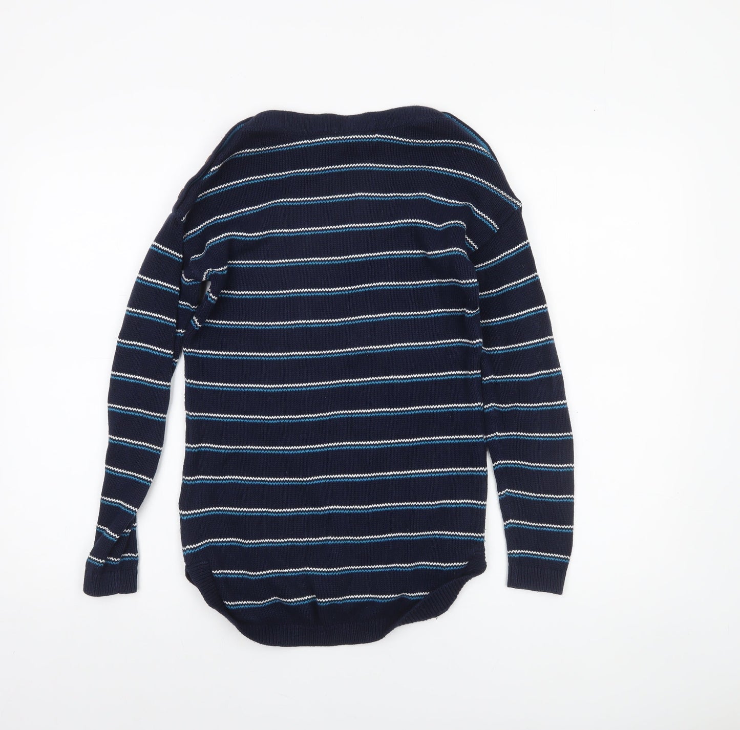 Max Studio Women's Blue Striped Cotton Boat Neck Button Jumper XS