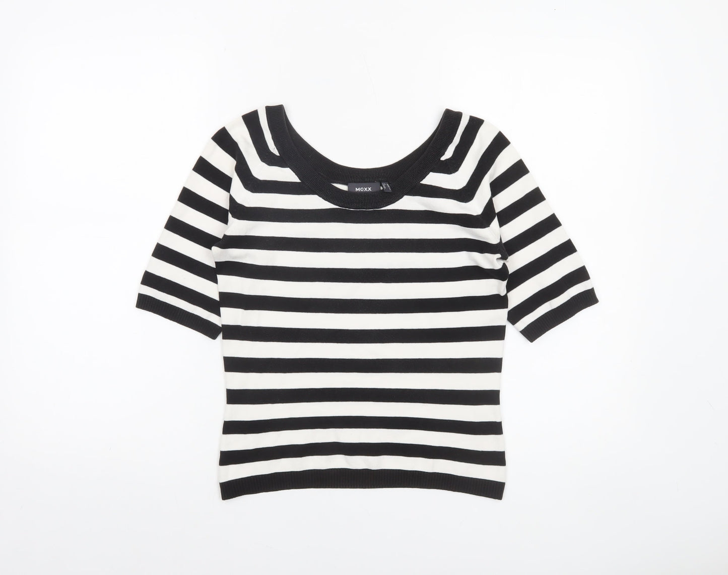 Mexx Women’s Black White Striped Knit Jumper Medium Short Sleeve