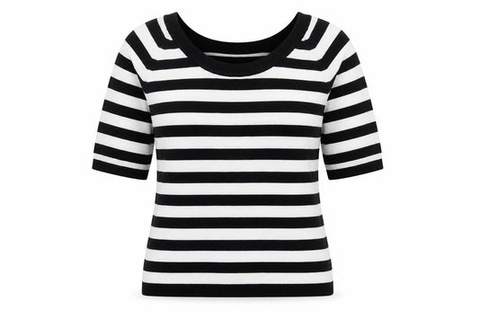 Mexx Women’s Black White Striped Knit Jumper Medium Short Sleeve