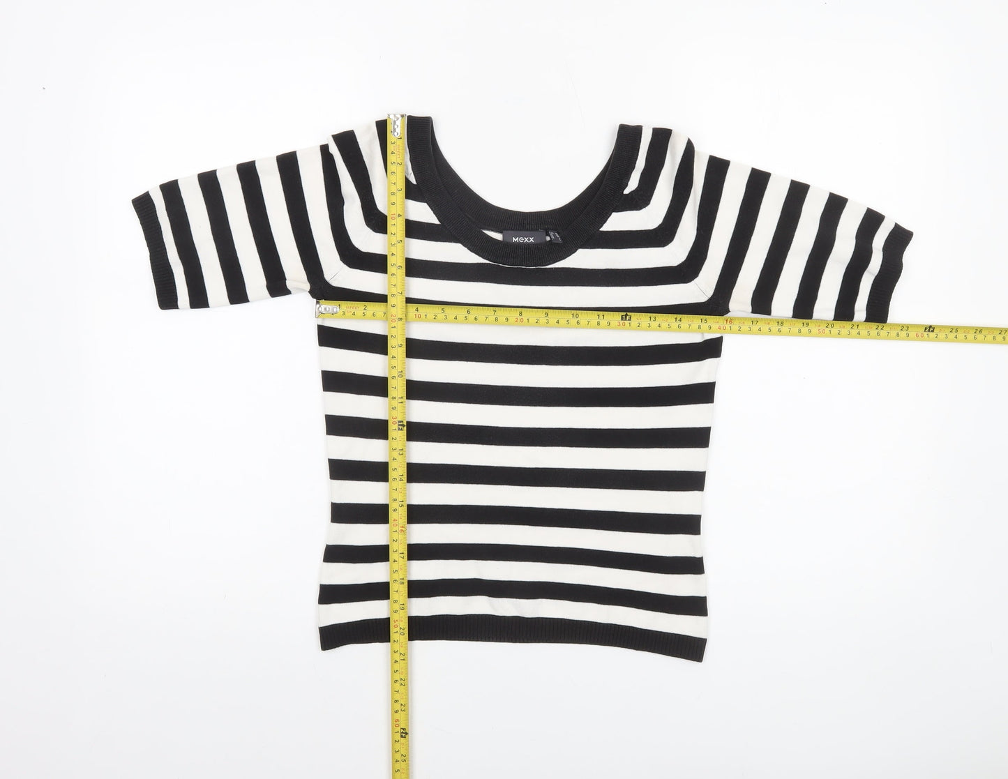 Mexx Women’s Black White Striped Knit Jumper Medium Short Sleeve