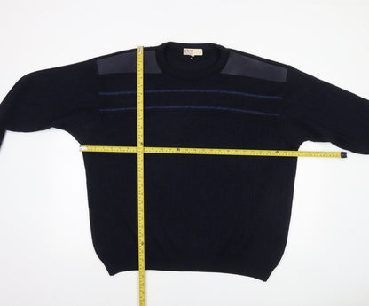 EWM Men's Blue Suede Shoulder Crew Neck Pullover Jumper L