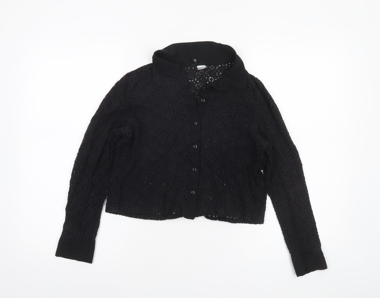 H&M Divided Black Lace Collared Blouse Women Size 12 Long Sleeve