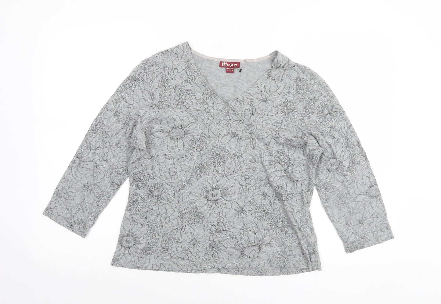Monsoon Women’s Grey Floral Cotton V-Neck 3/4 Sleeve Jumper Size 16