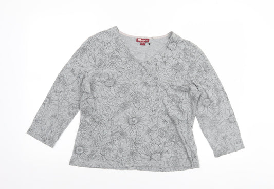 Monsoon Women’s Grey Floral Cotton V-Neck 3/4 Sleeve Jumper Size 16