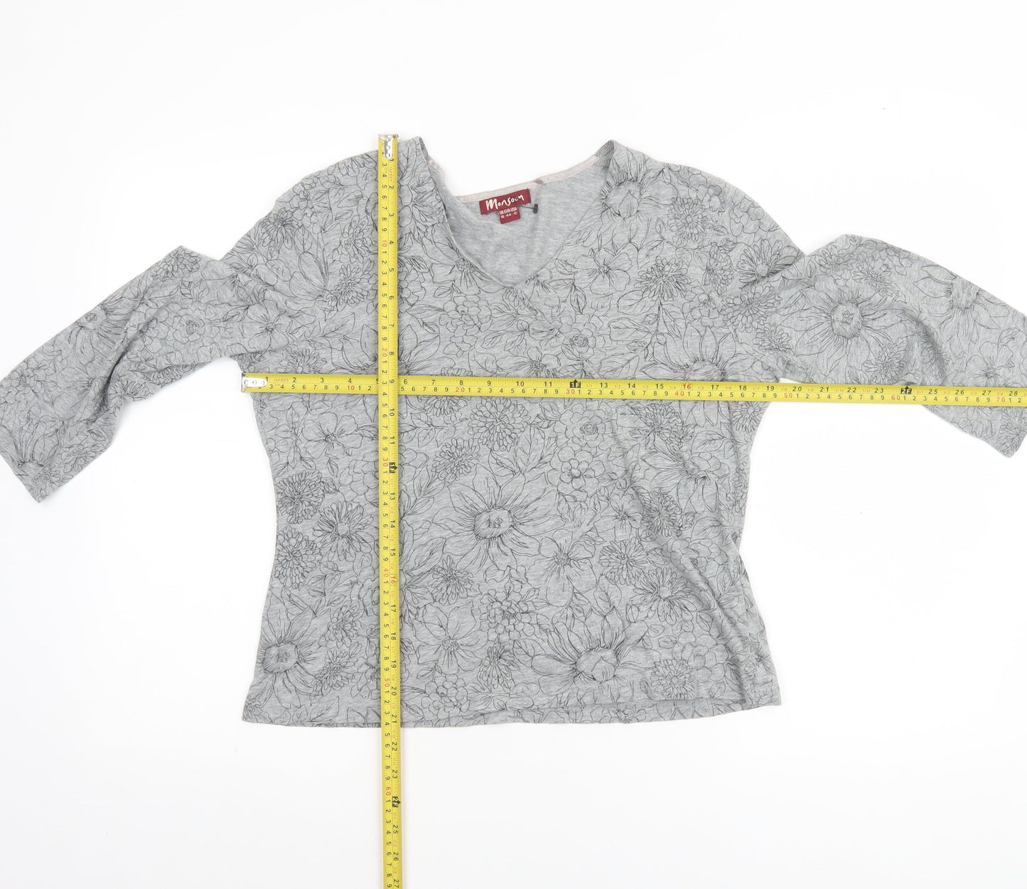 Monsoon Women’s Grey Floral Cotton V-Neck 3/4 Sleeve Jumper Size 16