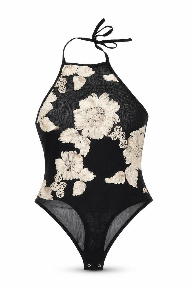 NAANAA Women's Black Floral Halter Bodysuit Size 12 Polyester