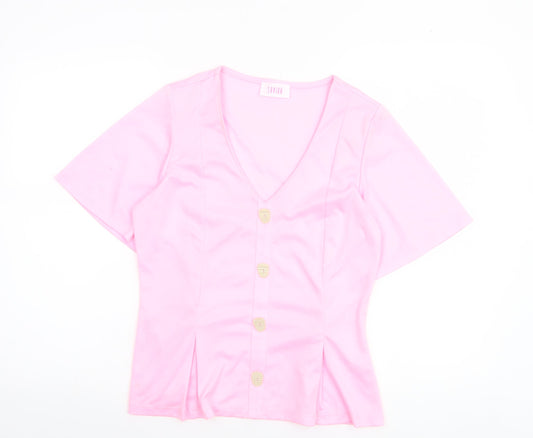 Savida Women Pink Short Sleeve V-Neck Button Blouse Size 10