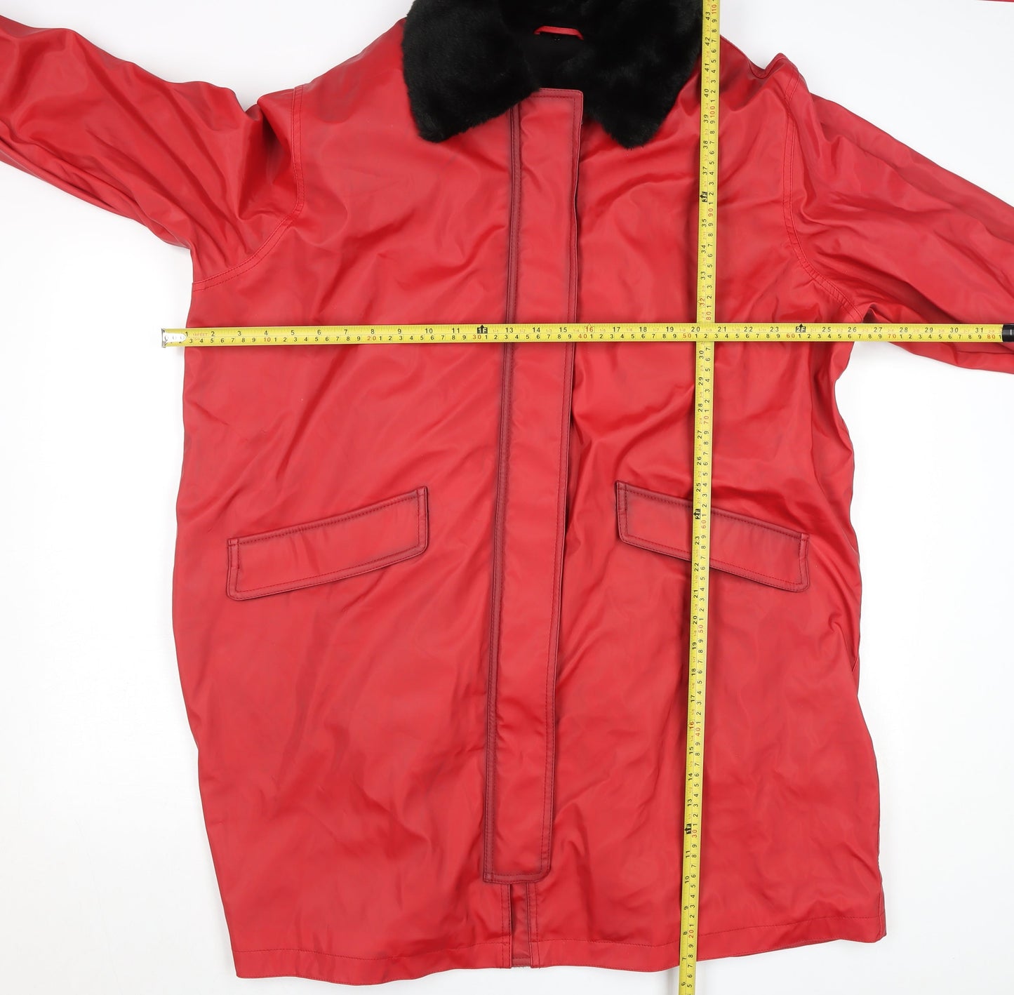 Dennis Basso Women's Red Faux Fur Trim Mid-Length Coat XL