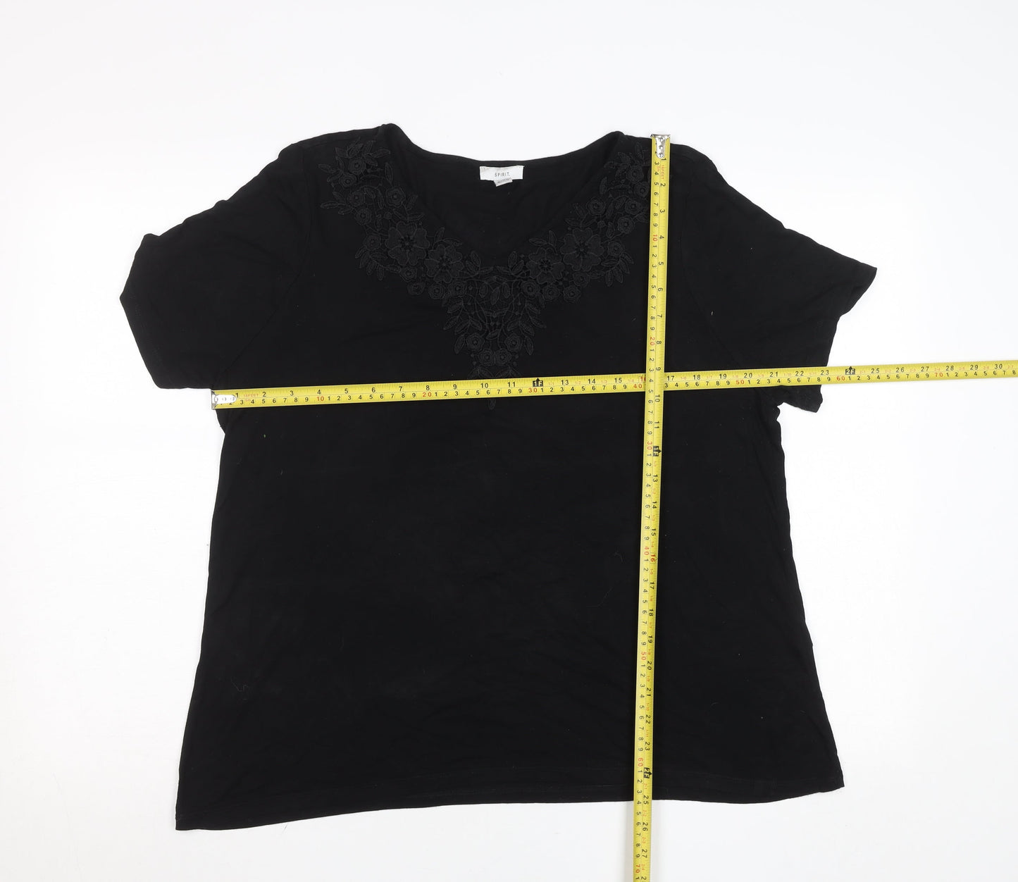 Spirit Womens Black Embroidered Cotton V-Neck T-Shirt Size 18