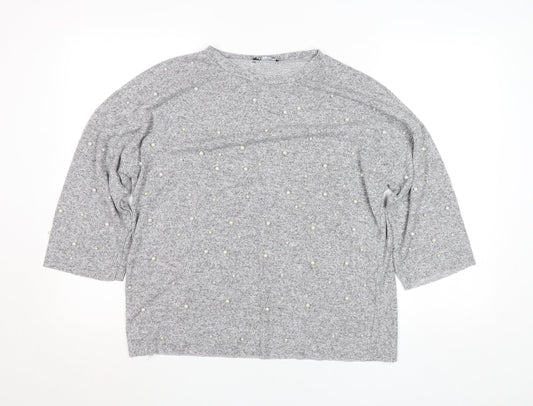 Zara Women Grey Beaded 3/4 Sleeve Knit Top Size M