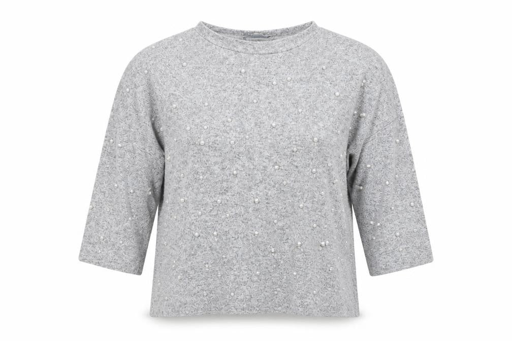 Zara Women Grey Beaded 3/4 Sleeve Knit Top Size M