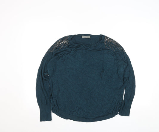 Oasis Women’s Blue Beaded Long Sleeve Viscose Knit Blouse Size M