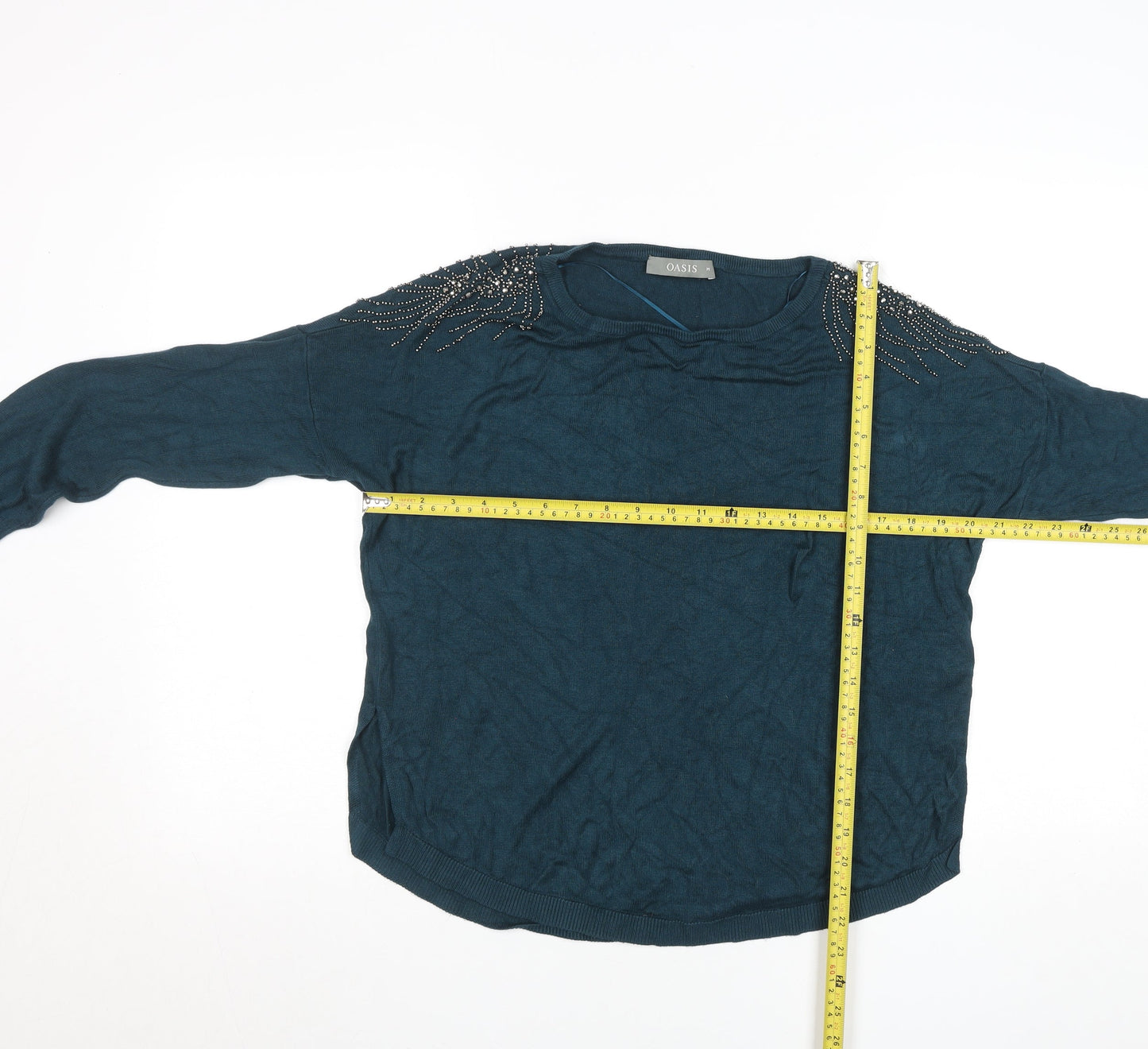Oasis Women’s Blue Beaded Long Sleeve Viscose Knit Blouse Size M